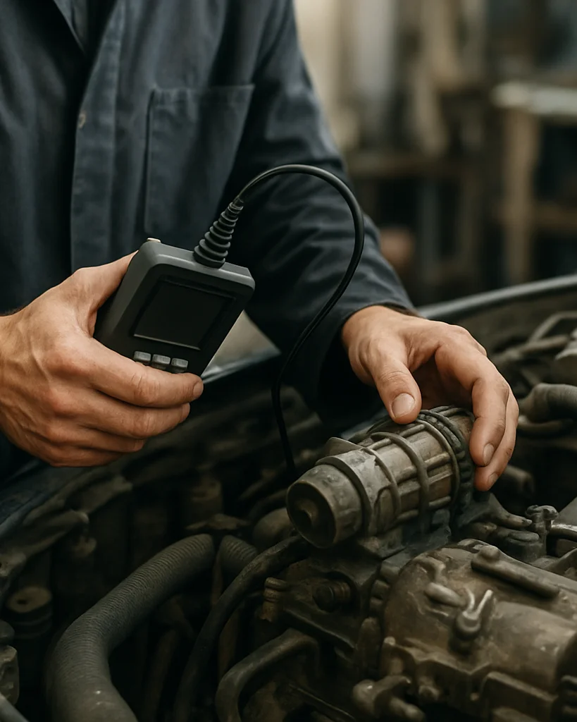 Documentary workshop photograph in bright soft daylight showing a mechanic inspecting an engine component with a diagnos